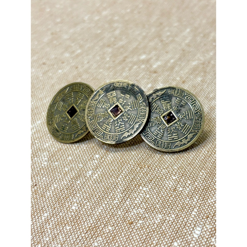 Vintage Made in France Brass Hair Barrette, Triple Chinese Coin Hair Clip